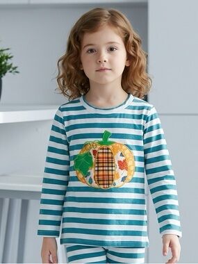 EUC Toddler Unisex Striped Teal White Top with Pumpkin Patch Leaves - 3T